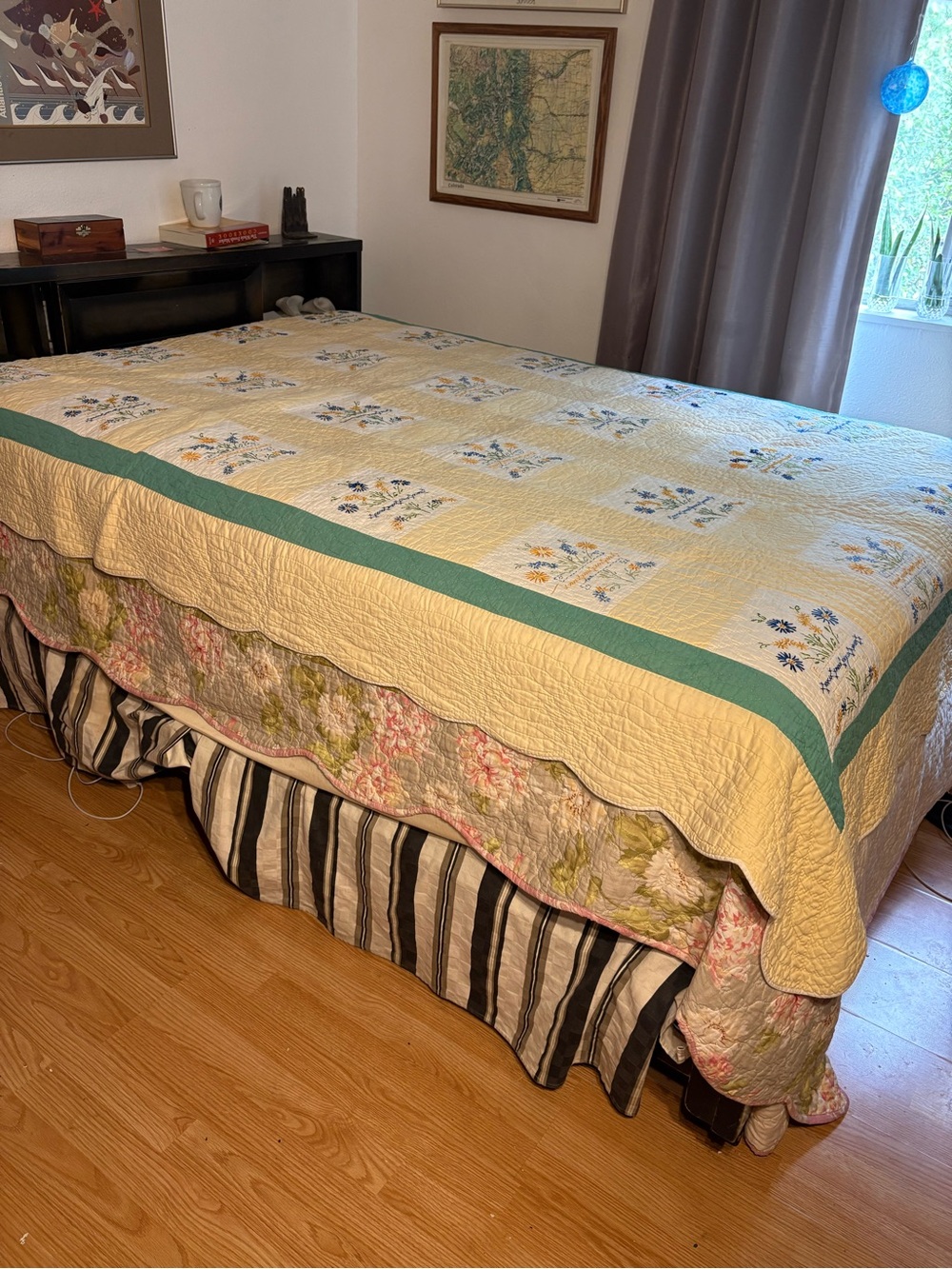 Vintage Hand Made Embroidered Quilt Yellow Blue Floral Flower Basket 68x84